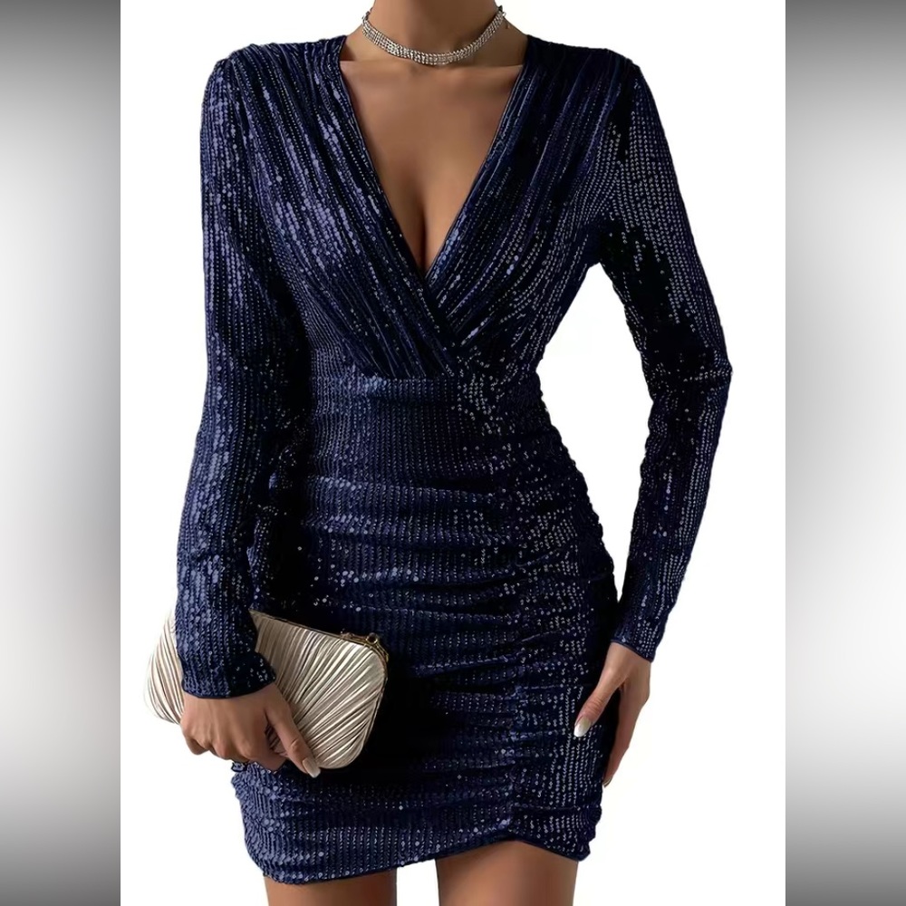 Luxe surplice neck ruched party formal sequins bodycon dress